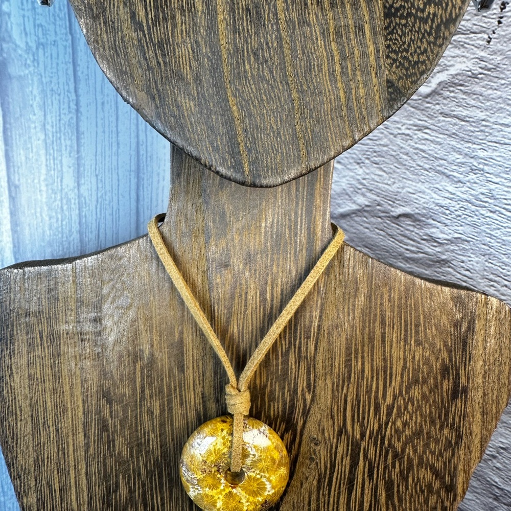 Yellow Coral Fossil Donut Pendant on Brown Faux Suede - Picture 10 of 11